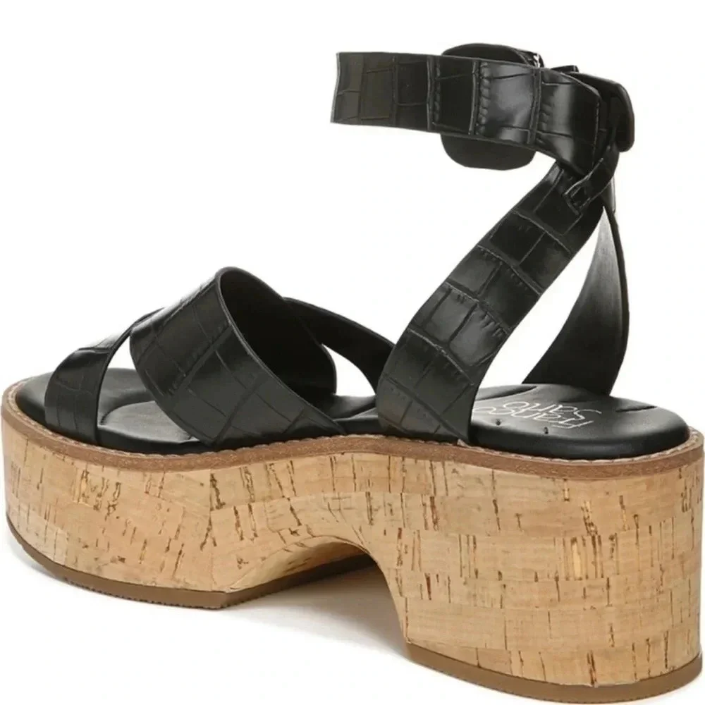 New Franco Sarto Sabello Platform Sandal cork Croc Embossed black animal print